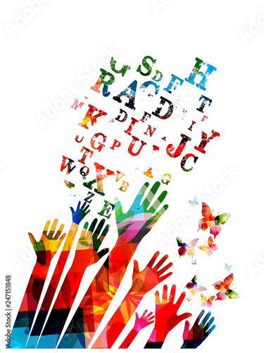Colorful human hands with alphabet letters vector illustration design. Education and crative writing concept, tutorials, training classes, lessons and courses