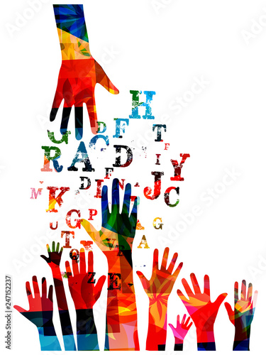 Colorful human hands with alphabet letters vector illustration design. Education and crative writing concept, tutorials, training classes, lessons and courses