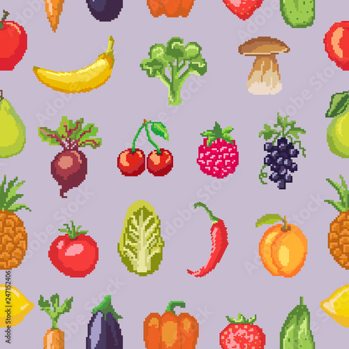 Fruits pixel vegetables vector healthy nutrition of fruity apple banana and vegetably carrot for vegetarians eating organic food illustration vegetated set diet background pattern