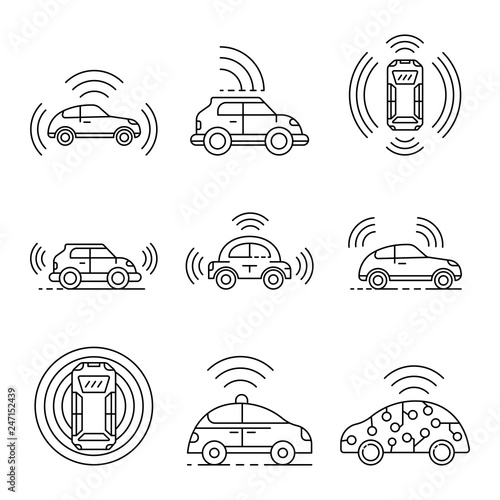 Driverless car icons set. Outline set of driverless car vector icons for web design isolated on white background