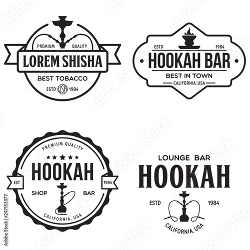 Set of hookah labels, badges and design elements. Hookah club. Shisha bar. Hookah lounge logo. Hookah pipes.