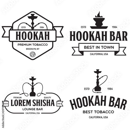 Set of hookah labels, badges and design elements. Hookah club. Shisha bar. Hookah lounge logo. Hookah pipes.