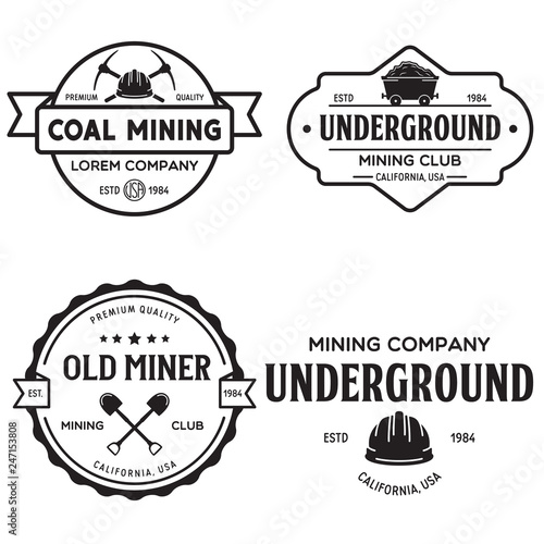 Set of mining or construction logos, badges, emblems and labels in vintage style. Monochrome Graphic Art. Vector Illustration.