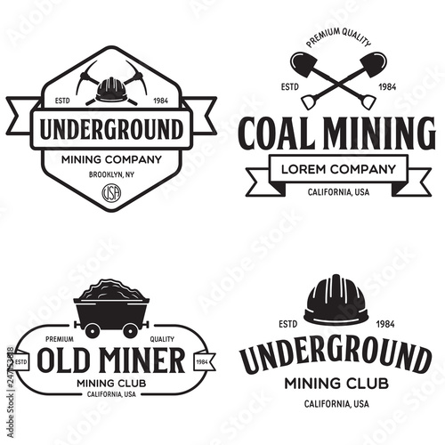 Set of mining or construction logos, badges, emblems and labels in vintage style. Monochrome Graphic Art. Vector Illustration.