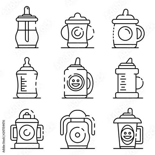 Sippy cup icons set. Outline set of sippy cup vector icons for web design isolated on white background