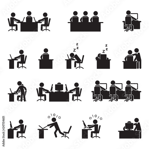 People working on computer and laptop icon set. Vector.