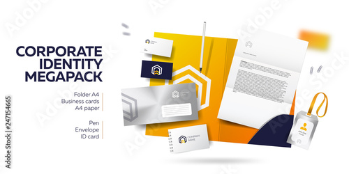Corporate branding identity design. Stationery mockup vector megapack set. Template for industrial or technic company. Folder and A4 letter, visiting card and envelope. Colorful creative logo design.