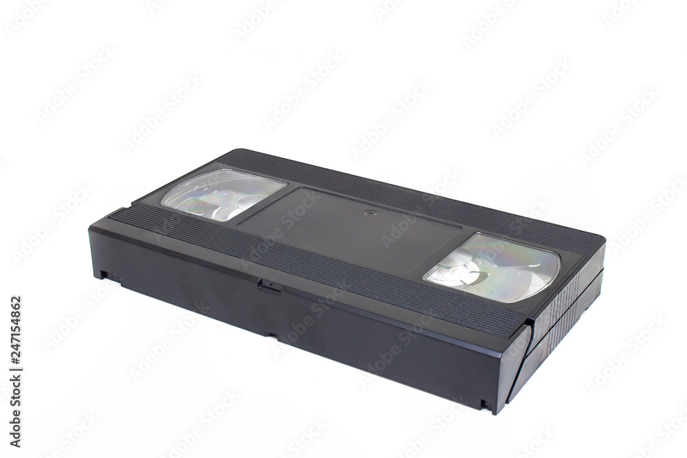 Old Video Home System or VHS tape cassette isolated on white background.