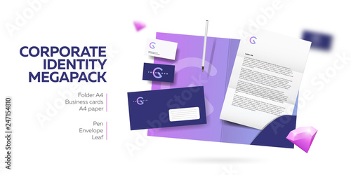 Corporate branding identity design. Stationery mockup vector megapack set. Template for industrial or technic company. Folder and A4 letter, visiting card and envelope. Colorful creative logo design.