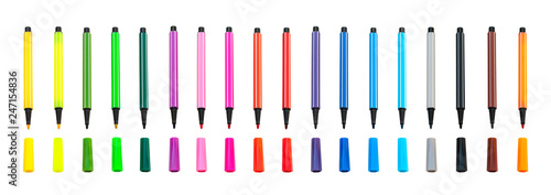 Row of Colorful magic pens with cap isolated on white background.