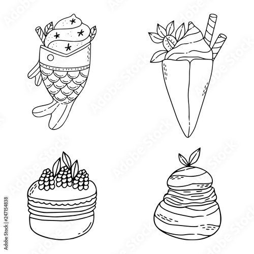Pack of illustration of cute popular desserts, including macaron, crepes, taiyaki and cream puffs. 