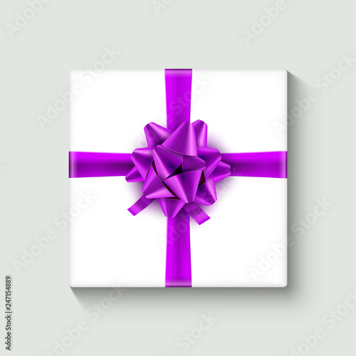 White gift box with lilac ribbon. Celebration decoration design illustration. Holiday package element