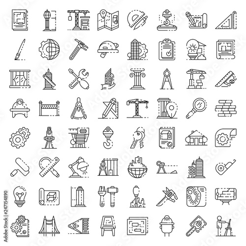 Architect equipment icons set. Outline set of architect equipment vector icons for web design isolated on white background