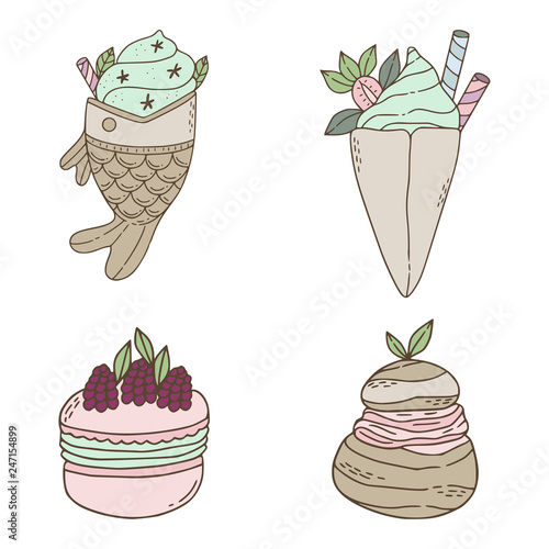 Pack of illustration of cute popular desserts, including macaron, crepes, taiyaki and cream puffs. 