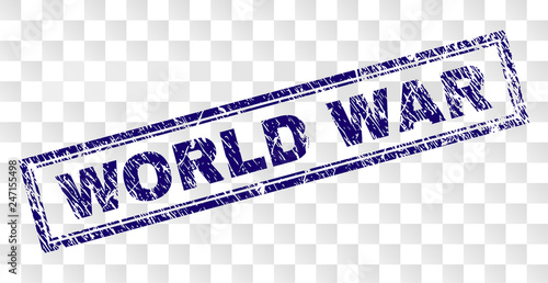 WORLD WAR stamp seal print with rubber print style and double framed rectangle shape. Stamp is placed on a transparent background. Blue vector rubber print of WORLD WAR tag with unclean texture.