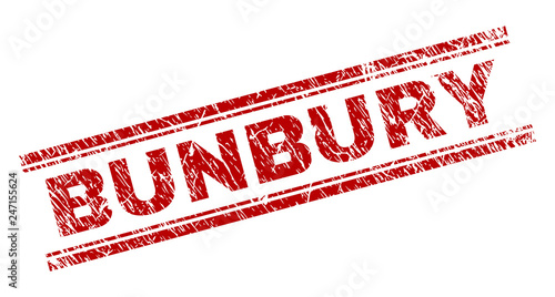 BUNBURY seal imprint with corroded effect. Red vector rubber print of BUNBURY title with corroded texture. Text title is placed between double parallel lines.