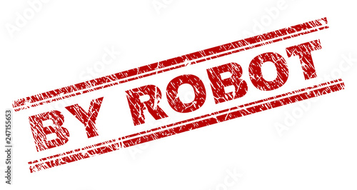BY ROBOT seal imprint with corroded texture. Red vector rubber print of BY ROBOT title with corroded texture. Text label is placed between double parallel lines.