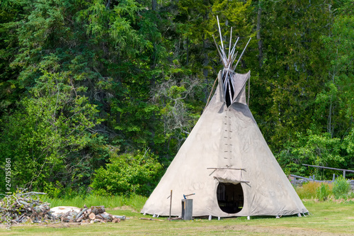 A teepee tent. The tent is in a field with trees behind it. The flap on the front is open. photo