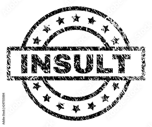 INSULT stamp seal watermark with distress style. Designed with rectangle, circles and stars. Black vector rubber print of INSULT caption with corroded texture.