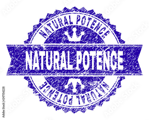 NATURAL POTENCE rosette stamp watermark with grunge style. Designed with round rosette, ribbon and small crowns. Blue vector rubber watermark of NATURAL POTENCE caption with scratched style.