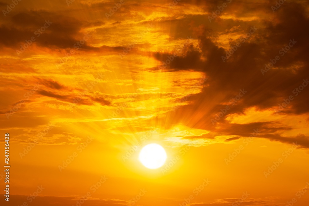 Panorama of sun shining on sky and clouds background sunrise or sunset scene