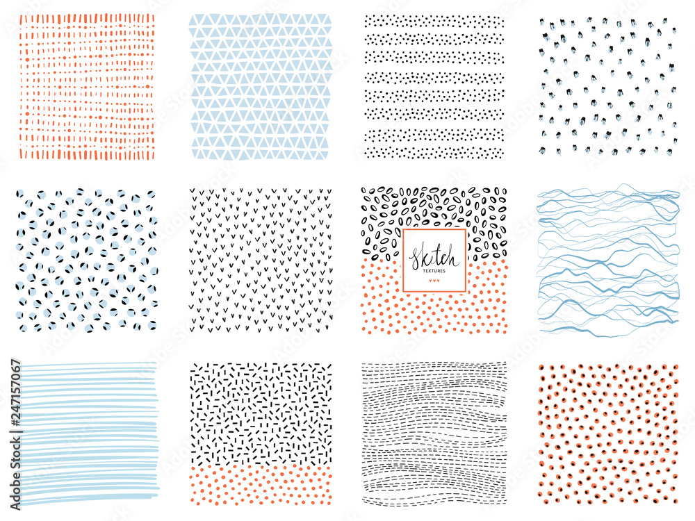Set of abstract square backgrounds and sketch dots textures. Vector illustration. - obrazy, fototapety, plakaty 