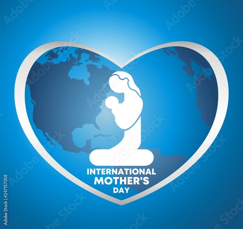 International Mother's Day - logo, icon. A mother with a child on a background map of the world.