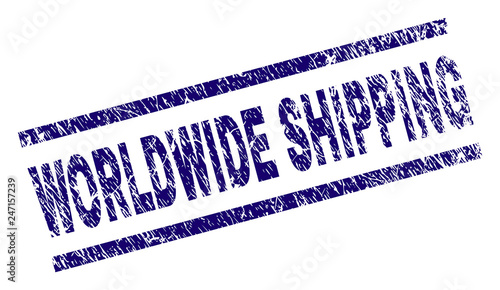 WORLDWIDE SHIPPING seal print with scratced style. Blue vector rubber print of WORLDWIDE SHIPPING label with corroded texture. Text label is placed between parallel lines.