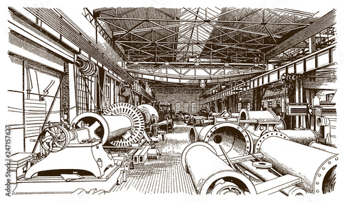 Industrial Revolution: Interior view of a historical machine shop or factory building with tube production (after an etching or engraving from the 19th century)