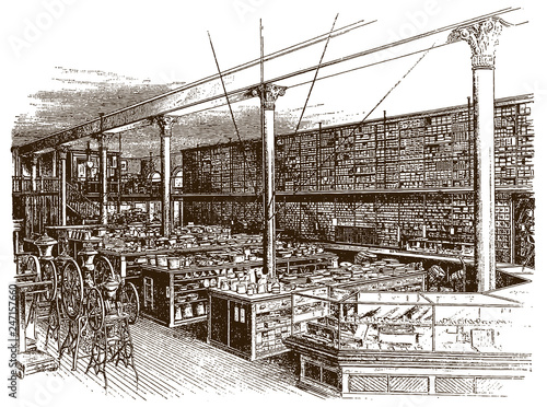 Salesroom arrangement of historical hardware shop, after engraving from 19th century