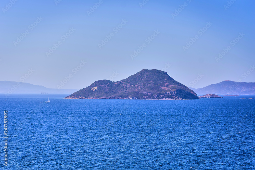 Beautiful sea landscape with blue sky on sunny day in Bodrum, Turkey. Vacation Outdoors Seascape Summer Travel Concept