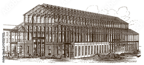 Construction framework of historical machine shop factory building, after engraving from 19c.