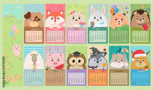 Vector children calendar for 2019 with animals