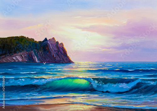 Morning on sea, wave, illustration, Oil painting paints on a canvas