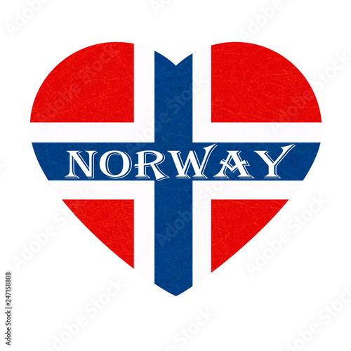 Norway flag in heart shape. Scandinavian country. Isolated Norwegian banner with scratched texture, grunge. Flat style, vector with noise, marble textured background. Square orientation.