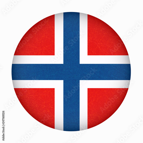 Norway flag in circle shape. Scandinavian country. Isolated button of Norwegian banner with scratched texture, grunge. Flat style, vector with noise, marble textured background. Square orientation.