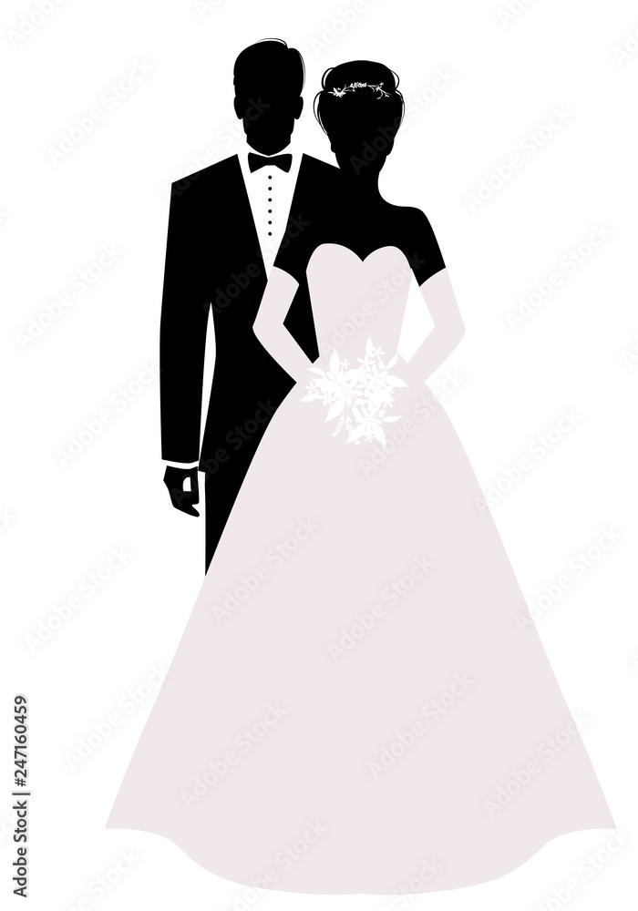 Silhouettes of newlyweds couple wearing wedding clothes. Classic Style. Elegant groom and beautiful bride holding bridal bouquet.