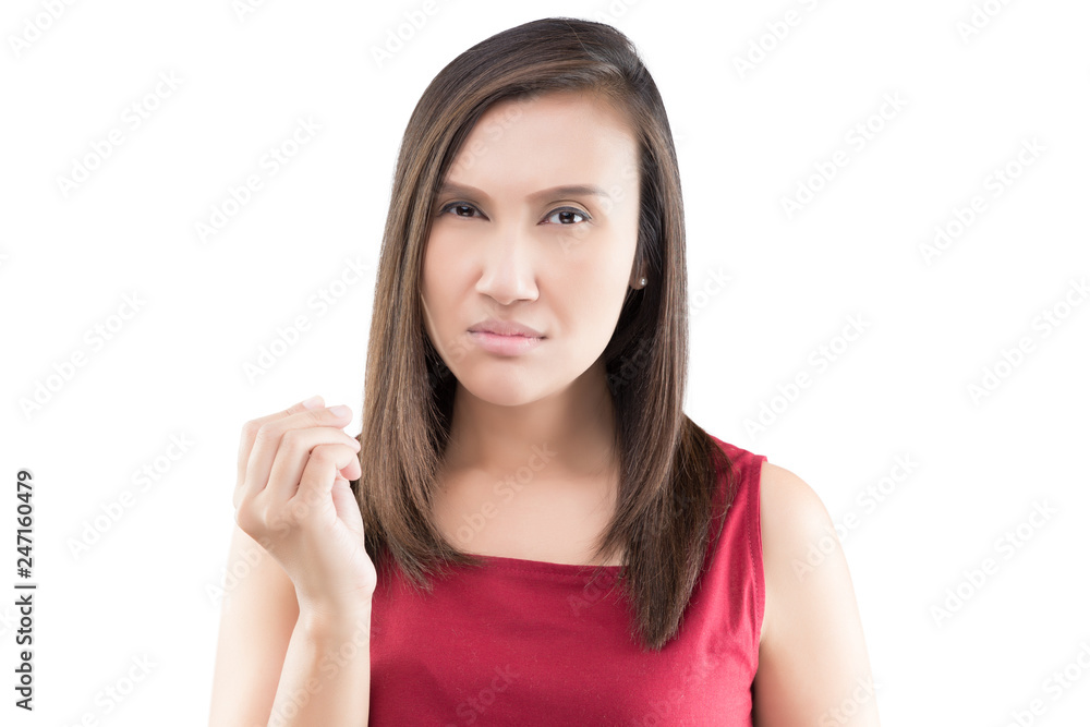 Displeased woman hold white empty isolated on white background, Portrait of beautiful woman in the red shirt holding an invisible product in her hand against white background Displeased woman hold white empty isolated on white background, Portrait of beautiful woman in the red shirt holding an invisible product in her hand against white background