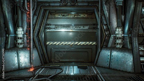 Fototapeta Naklejka Na Ścianę i Meble -  Futuristic sci-fi tunnel with sparks and smoke, interior view. 3D Rendering