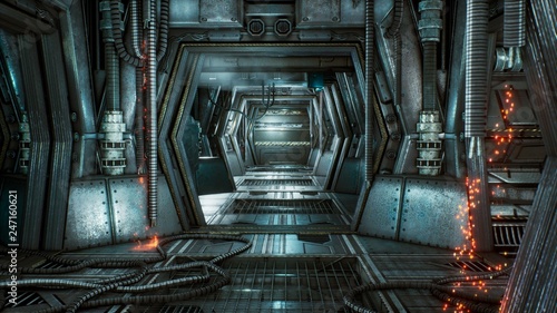 Fototapeta Naklejka Na Ścianę i Meble -  Futuristic sci-fi tunnel with sparks and smoke, interior view. 3D Rendering