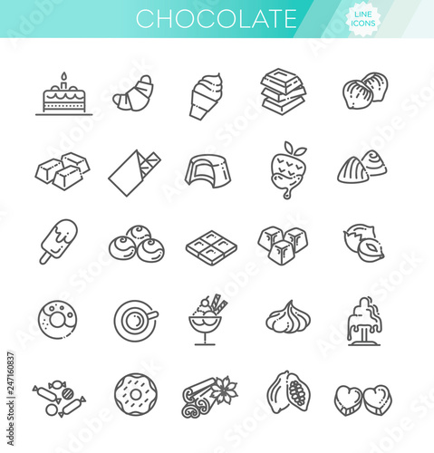 Set vector line icons in flat design chocolate, dessert, cacao and candy