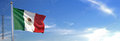 Bandera de México subida ondeando al viento con cielo de fondo