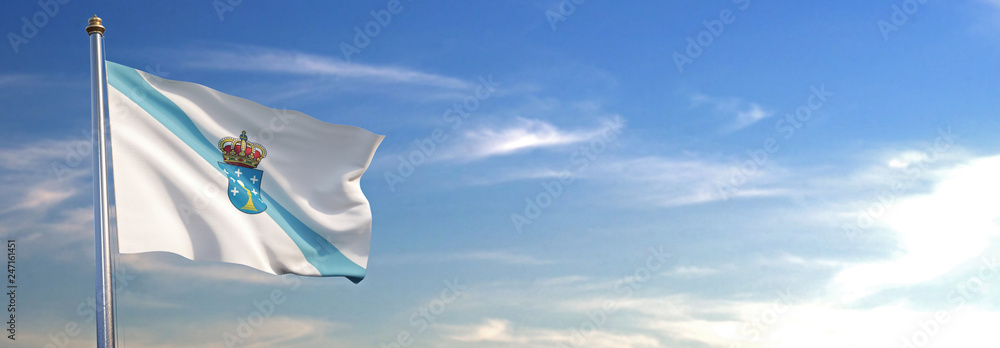 Bandera de Galicia subida ondeando al viento con cielo de fondo Stock Photo