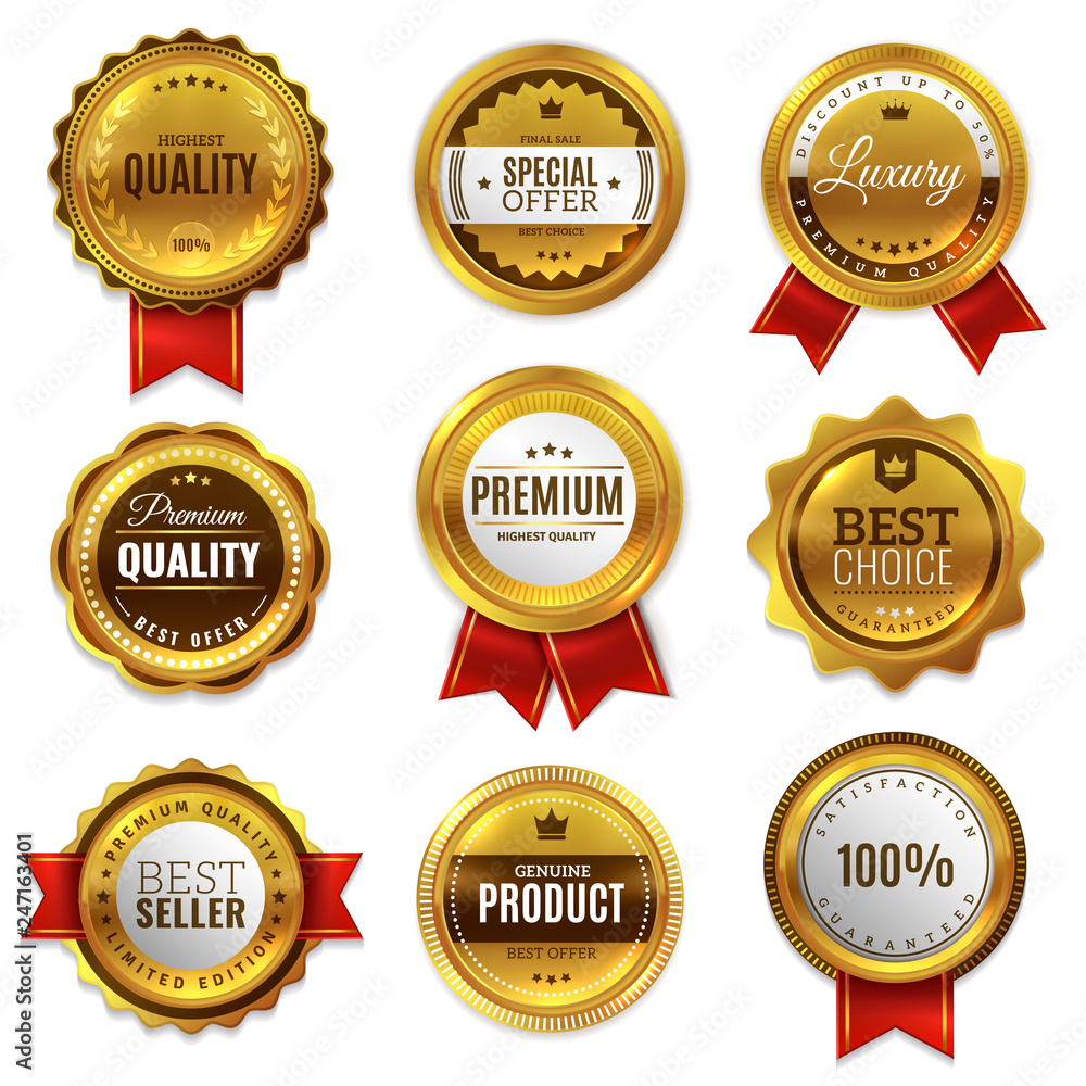 Gold badges seal quality labels. Sale medal badge premium stamp golden  genuine emblem guarantee round vector set Stock Vector