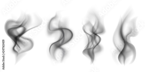 Black smoke. Transparent smoking clouds hot food steam cigarette tea coffee smoke steaming texture vector set