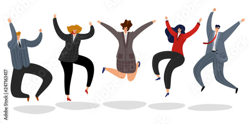 Business people jumping. Excited happy employees jump cartoon motivated team office worker celebrating success winning