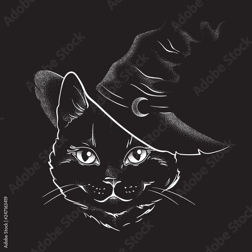 Black cat with pointy witch hat line art and dot work. Wiccan familiar spirit, halloween or pagan witchcraft theme tapestry print design vector illustration.