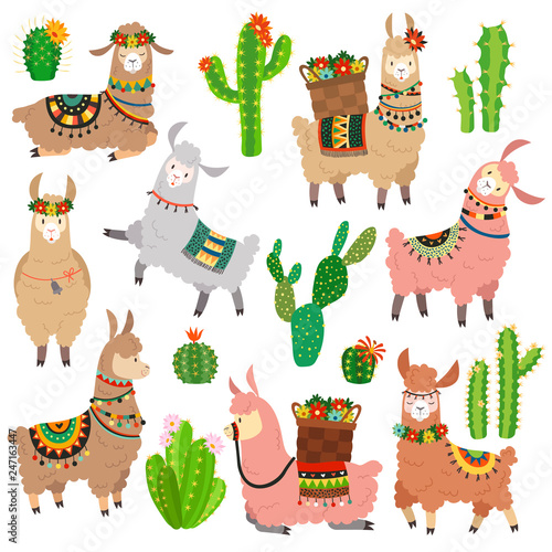 Llama cactus. Chile llamas alpaca and cacti wild lama. Peru camel, girl scrapbook kids funny elements cartoon vector set
