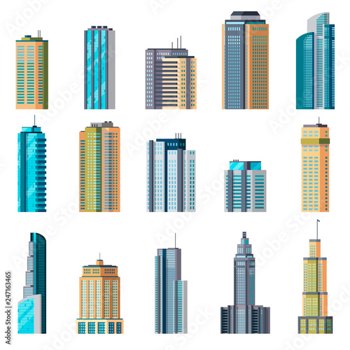 Buildings and modern city houses. Building business office apartment exterior flat home tall glass skyscraper town set