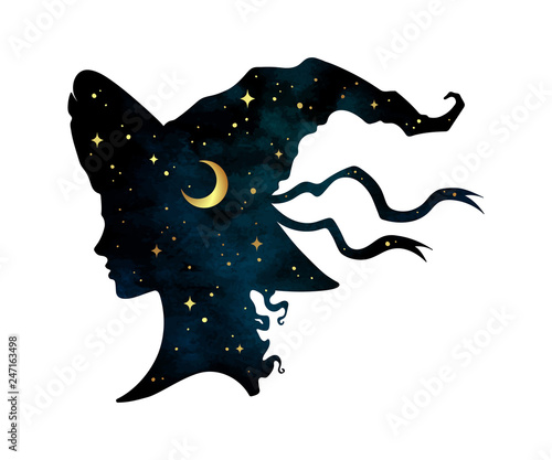 Silhouette of beautiful curly witch girl in pointy hat with crescent moon and stars in profile isolated hand drawn vector illustration. photo